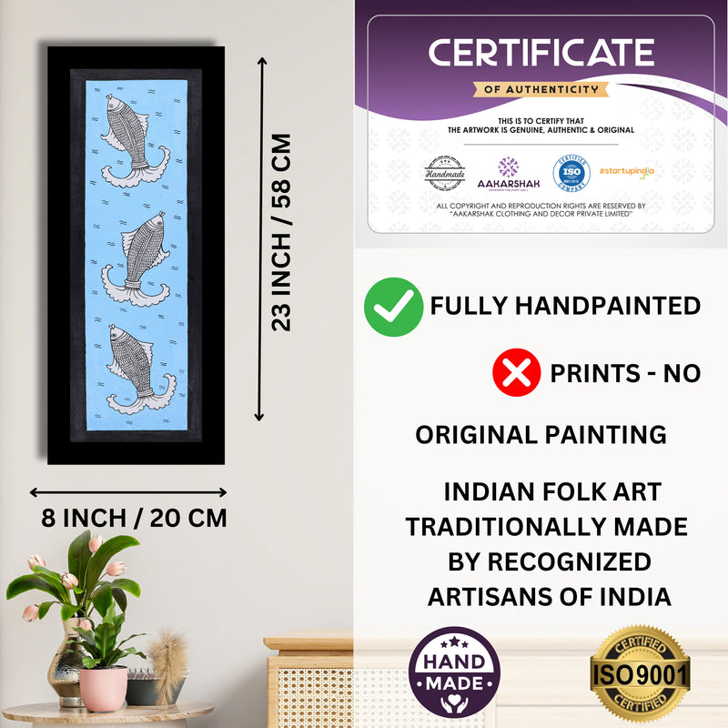 Framed artwork with dimensions, authenticity certificate and handmade iso certified-fish kalamkari painting