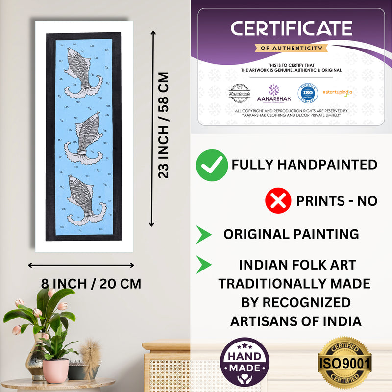 Framed artwork with dimensions, authenticity certificate and handmade iso certified-fish kalamkari painting