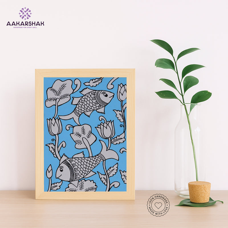 Handmade kalamkari fish painting-with tabletop stand for home decor