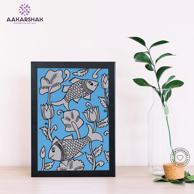 Handmade kalamkari fish painting-with tabletop stand for home decor