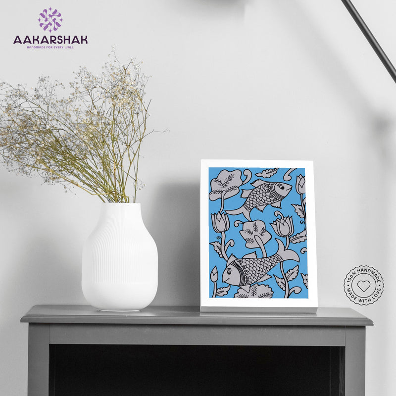 Handmade kalamkari fish painting-with tabletop stand for home decor
