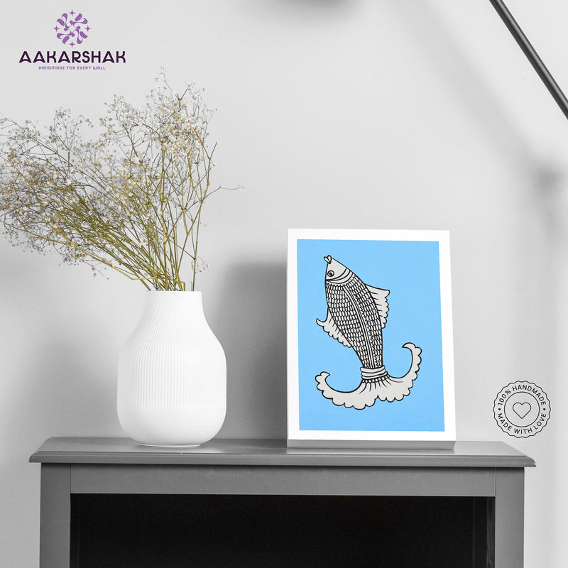 Handmade kalamkari fish painting-with tabletop stand for home decor