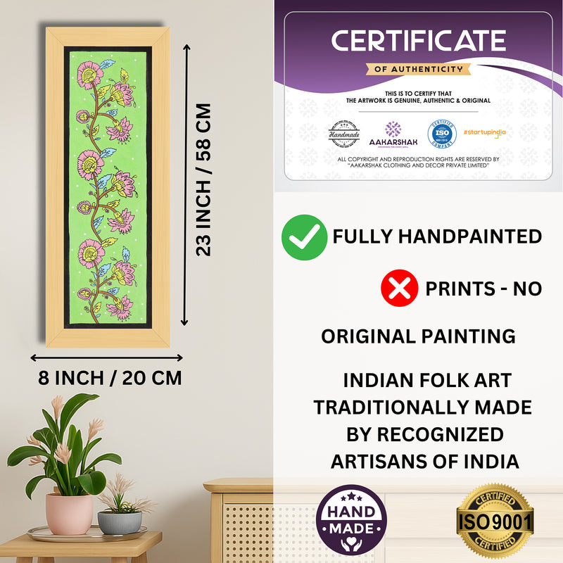 Framed artwork with dimensions, authenticity certificate and handmade iso certified-flower kalamkari painting