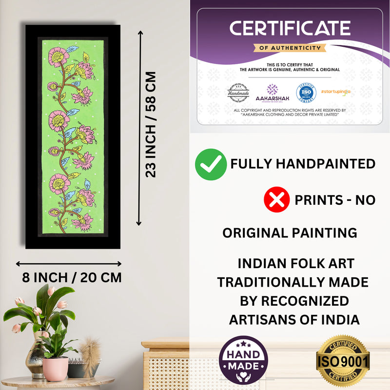 Framed artwork with dimensions, authenticity certificate and handmade iso certified-flower kalamkari painting