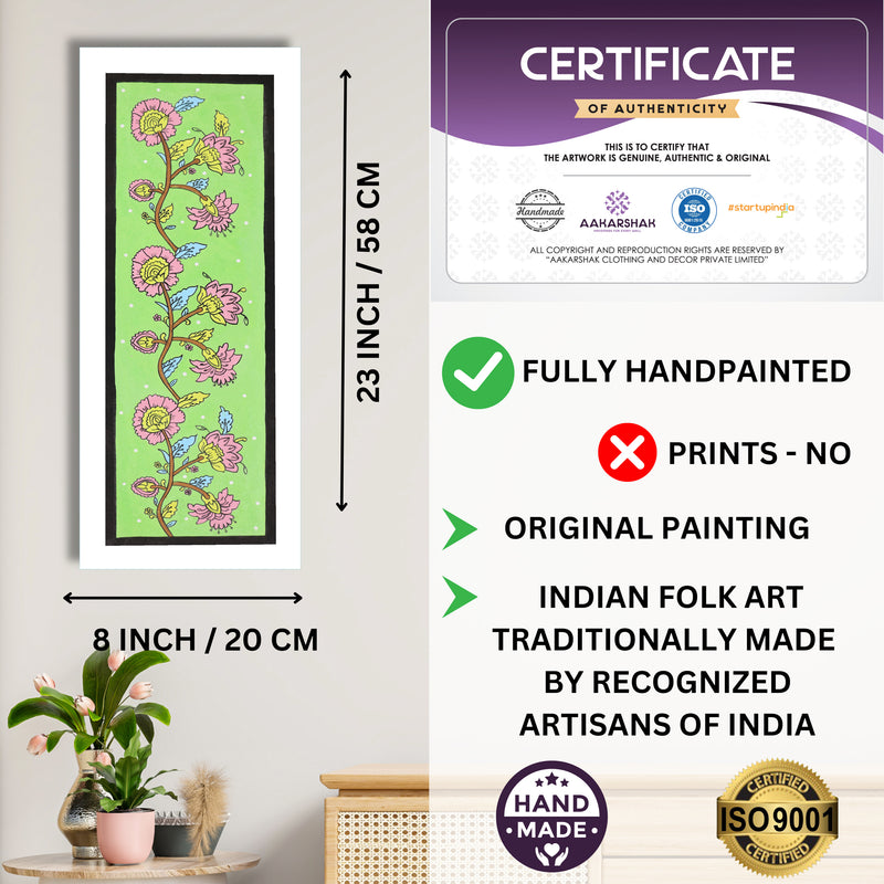 Framed artwork with dimensions, authenticity certificate and handmade iso certified-flower kalamkari painting
