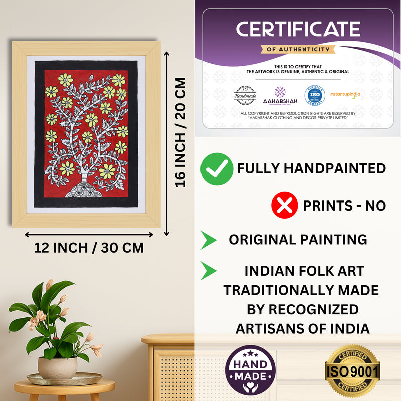 Framed artwork with dimensions, authenticity certificate and handmade iso certified-flower kalamkari painting