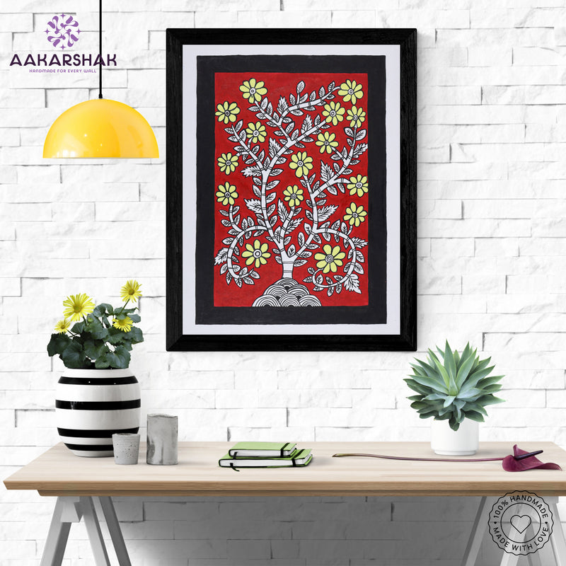 Framed artwork with flower design on a red background-handmade kalamkari painting for home decor
