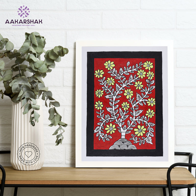 Framed artwork with flower design on a red background-handmade kalamkari painting for home decor