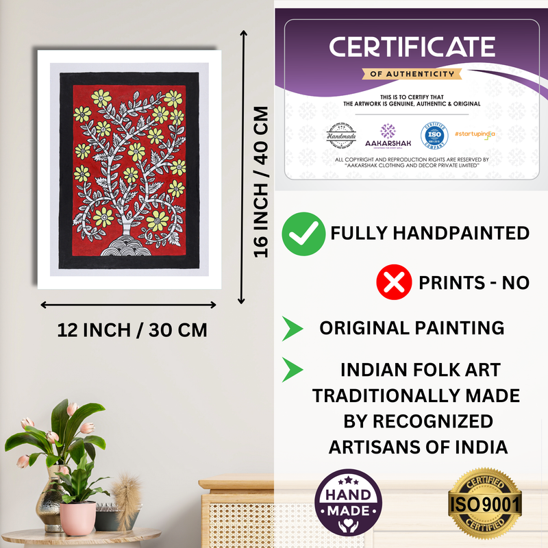 Framed artwork with dimensions, authenticity certificate and handmade iso certified-flower kalamkari painting