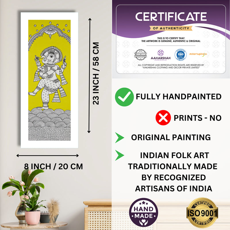 Framed artwork with dimensions, authenticity certificate and handmade iso certified-ganesh ji kalamkari painting