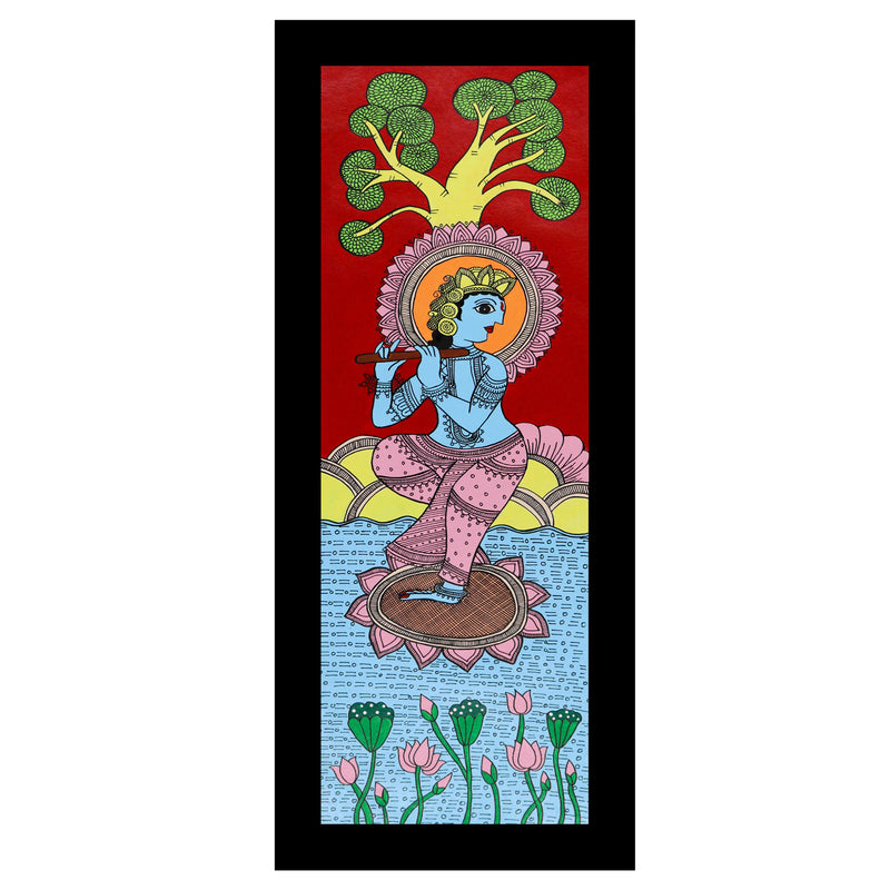 Framed artwork of a colorful krishna-with handmade kalamkari painting
