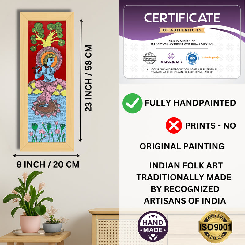Framed artwork with dimensions, authenticity certificate and handmade iso certified-krishna kalamkari painting