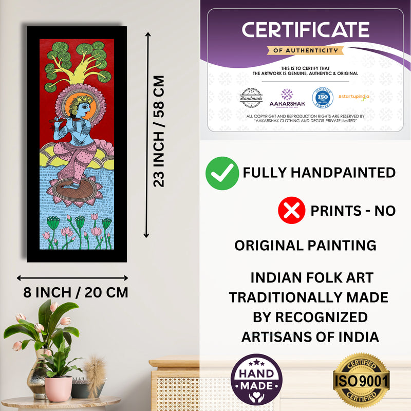 Framed artwork with dimensions, authenticity certificate and handmade iso certified-krishna kalamkari painting
