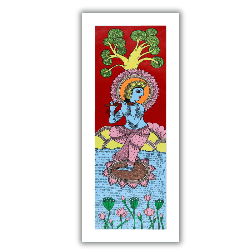 Framed artwork of a colorful krishna-with handmade kalamkari painting