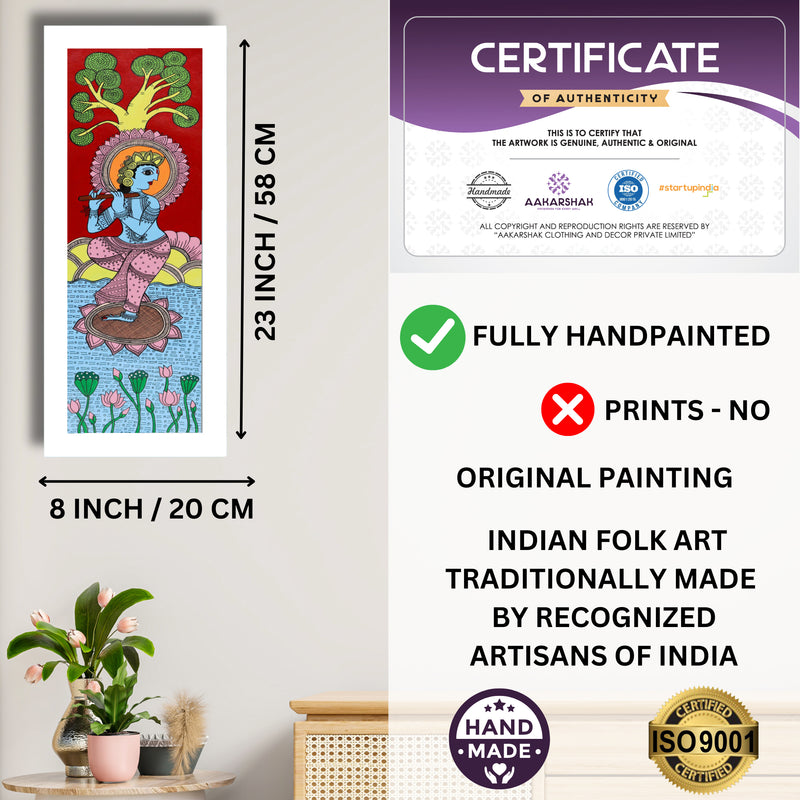 Framed artwork with dimensions, authenticity certificate and handmade iso certified-krishna kalamkari painting