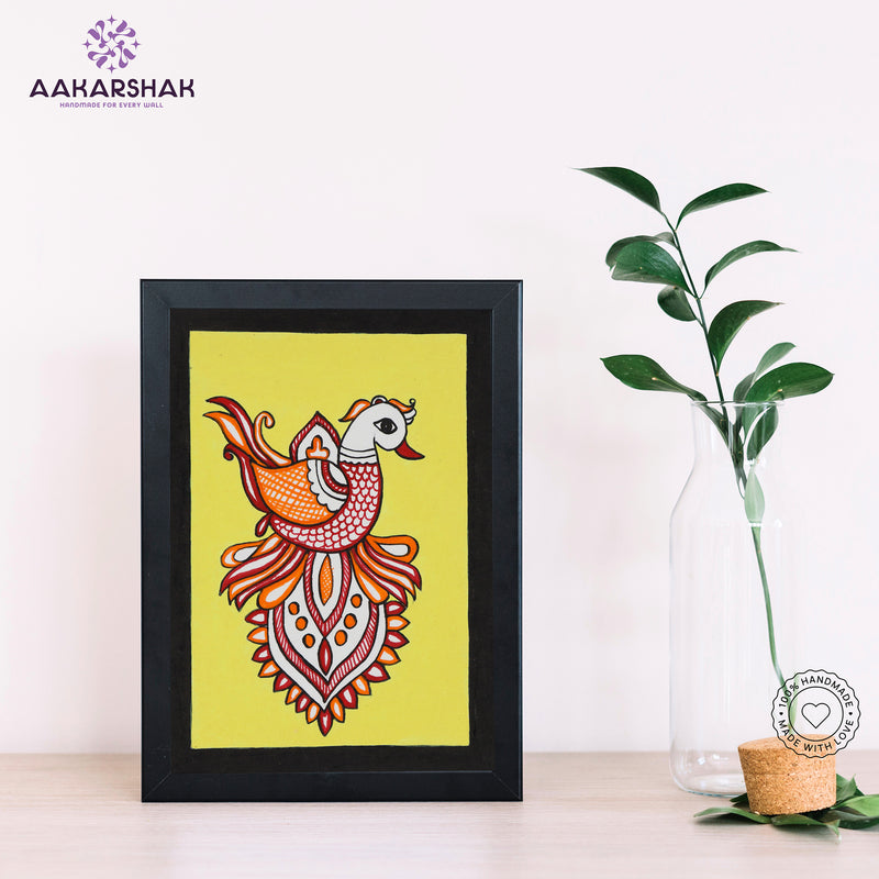 Handmade kalamkari peacock painting-with tabletop stand for home decor