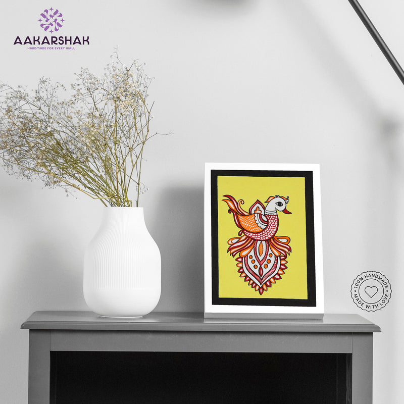Handmade kalamkari peacock painting-with tabletop stand for home decor