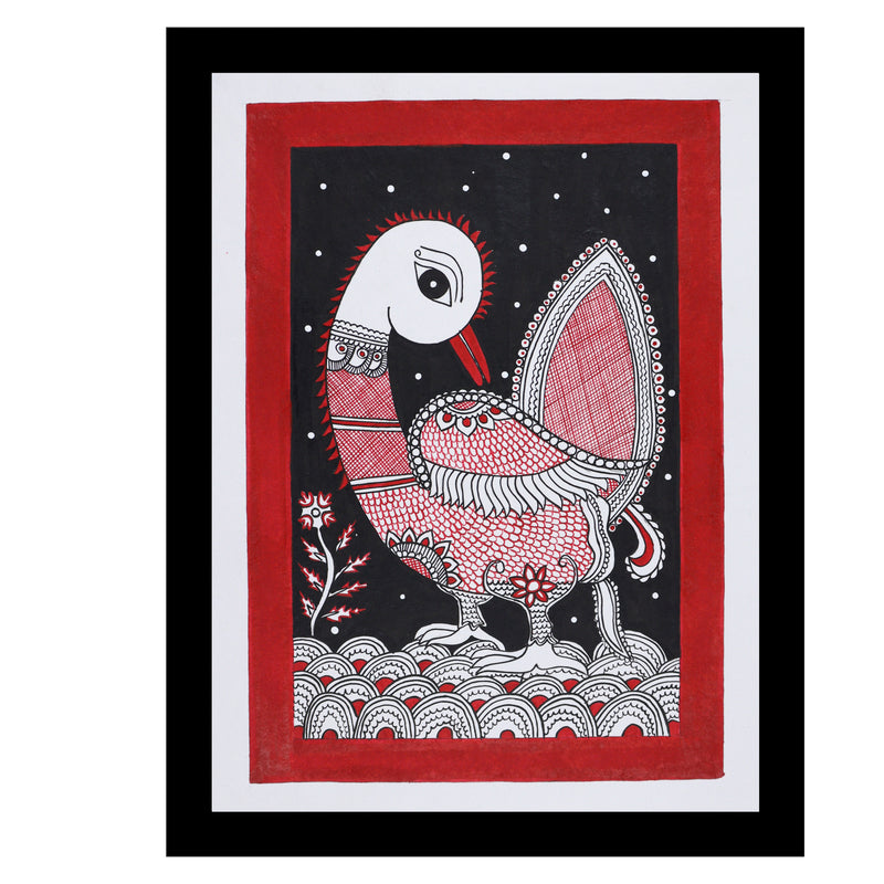 Framed artwork of a colorful peacock -with handmade kalamkari painting