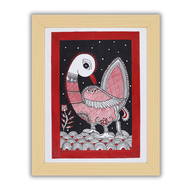 Framed artwork of a colorful peacock -with handmade kalamkari painting