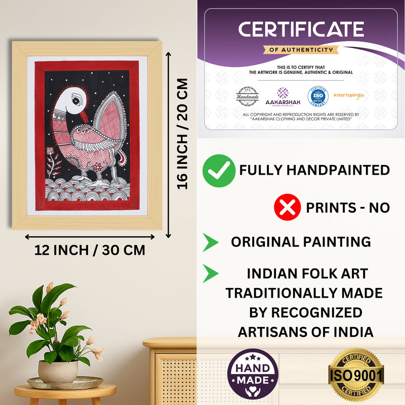 Framed artwork with dimensions, authenticity certificate and handmade iso certified-peacock kalamkari painting