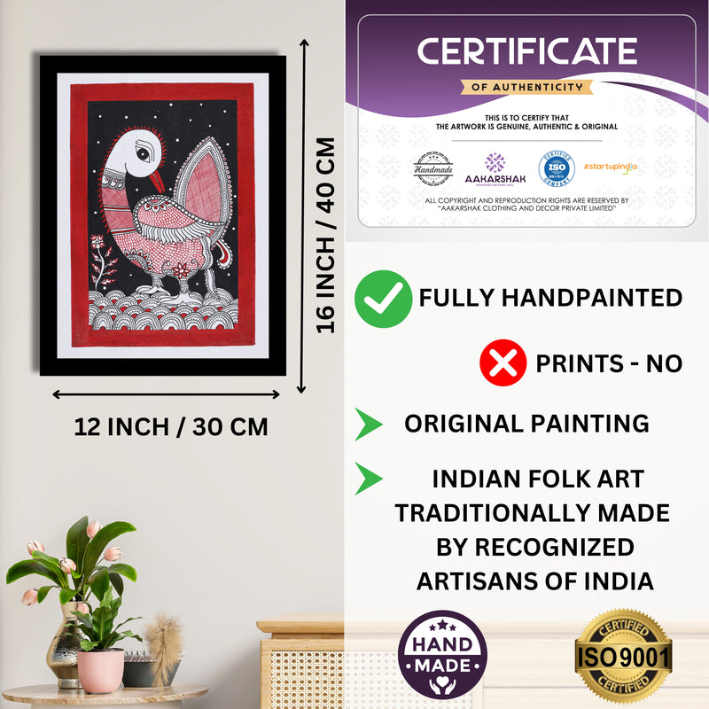 Framed artwork with dimensions, authenticity certificate and handmade iso certified-peacock kalamkari painting