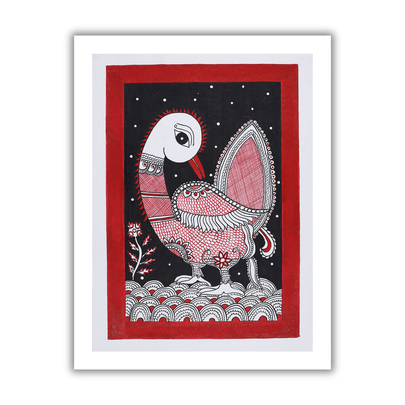 Framed artwork of a colorful peacock -with handmade kalamkari painting