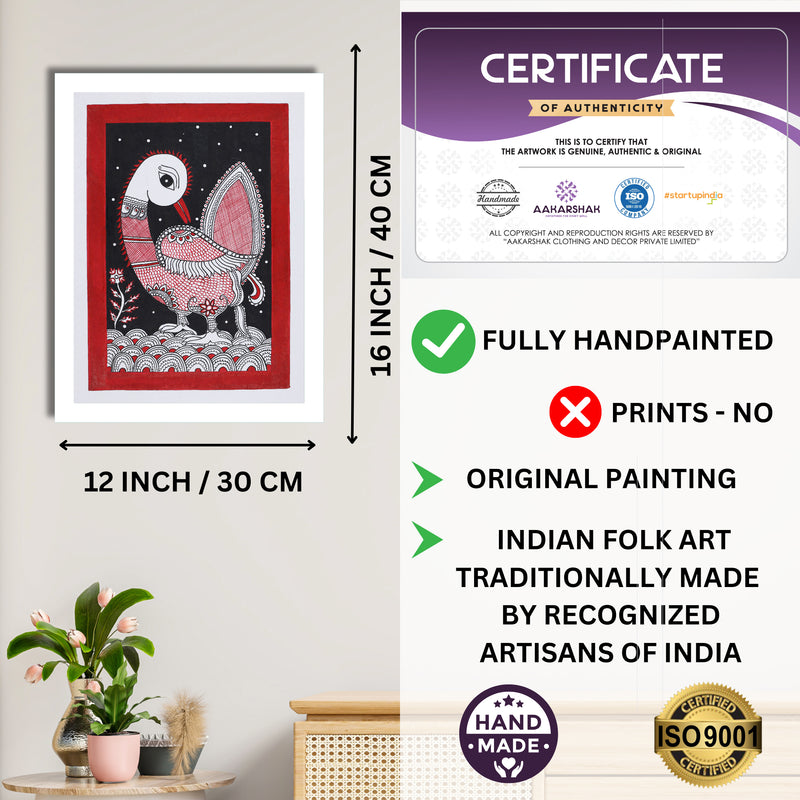 Framed artwork with dimensions, authenticity certificate and handmade iso certified-peacock kalamkari painting