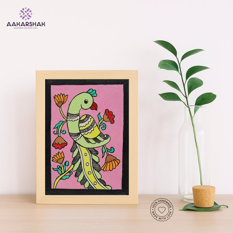 Handmade kalamkari peacock painting-with tabletop stand for home decor