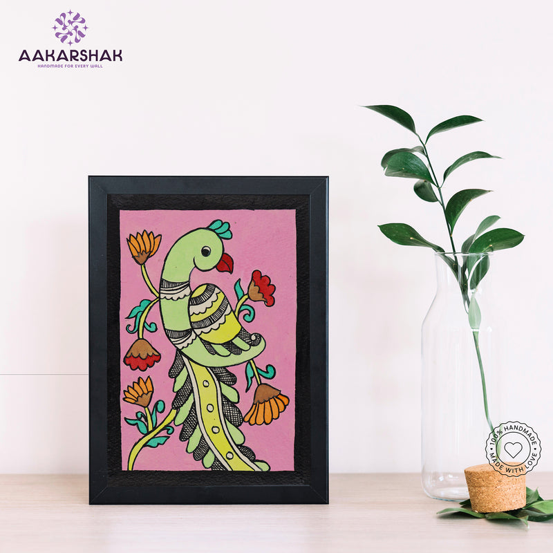 Handmade kalamkari peacock painting-with tabletop stand for home decor