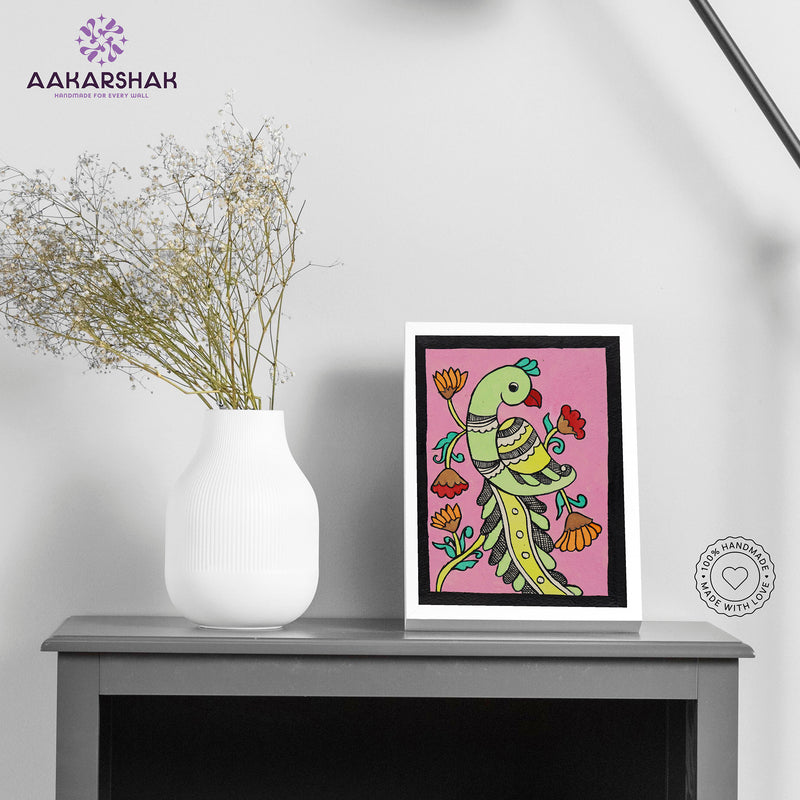 Handmade kalamkari peacock painting-with tabletop stand for home decor