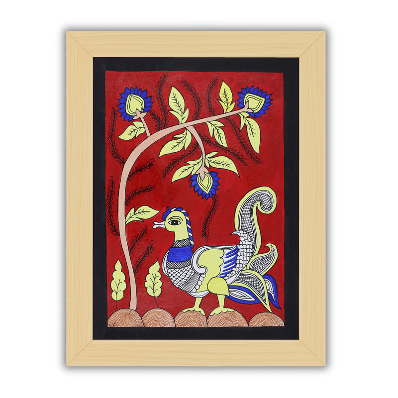 Framed artwork of a colorful peacock -with handmade kalamkari painting