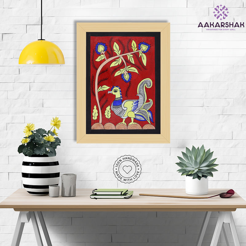 Framed artwork with peacock design on a red background-handmade kalamkari painting for home decor