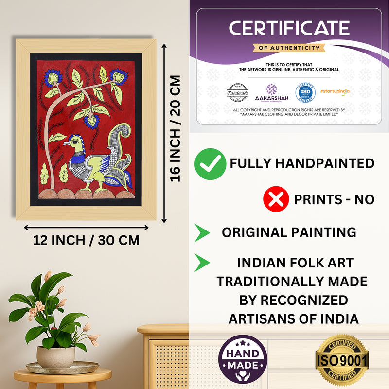 Framed artwork with dimensions, authenticity certificate and handmade iso certified-peacock kalamkari painting
