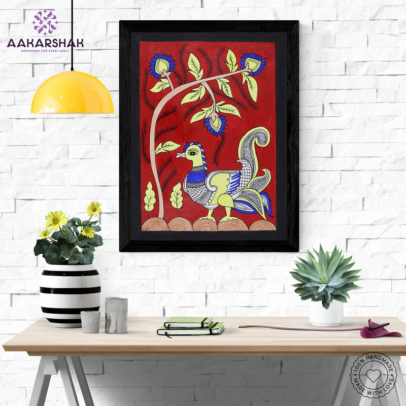 Framed artwork with peacock design on a red background-handmade kalamkari painting for home decor