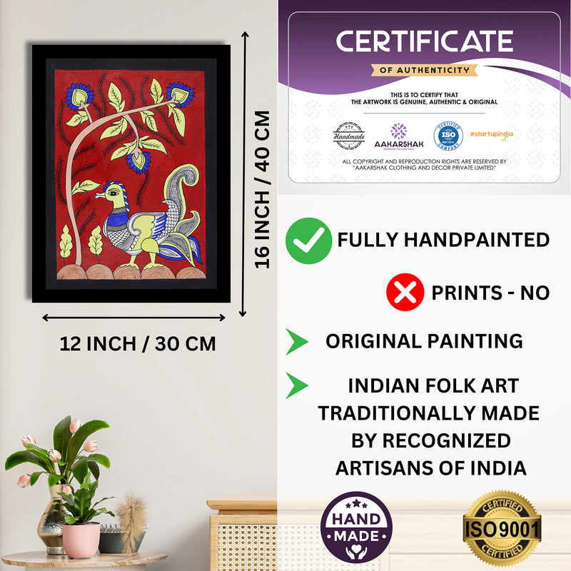 Framed artwork with dimensions, authenticity certificate and handmade iso certified-peacock kalamkari painting