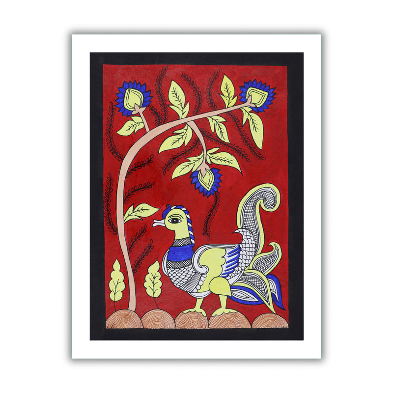 Framed artwork of a colorful peacock -with handmade kalamkari painting