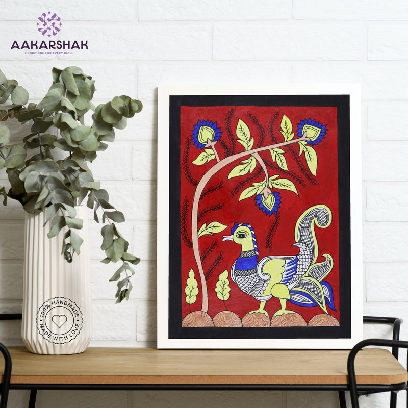 Framed artwork with peacock design on a red background-handmade kalamkari painting for home decor