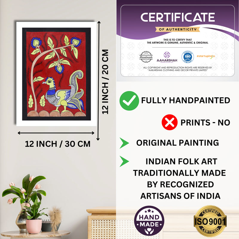 Framed artwork with dimensions, authenticity certificate and handmade iso certified-peacock kalamkari painting