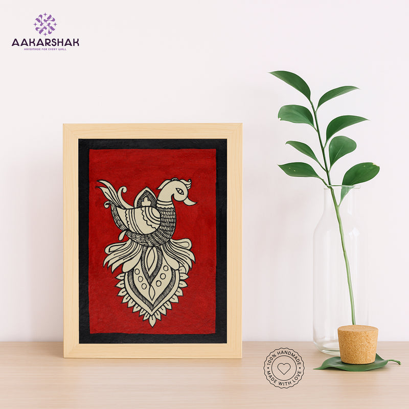 Handmade kalamkari peacock painting-with tabletop stand for home decor