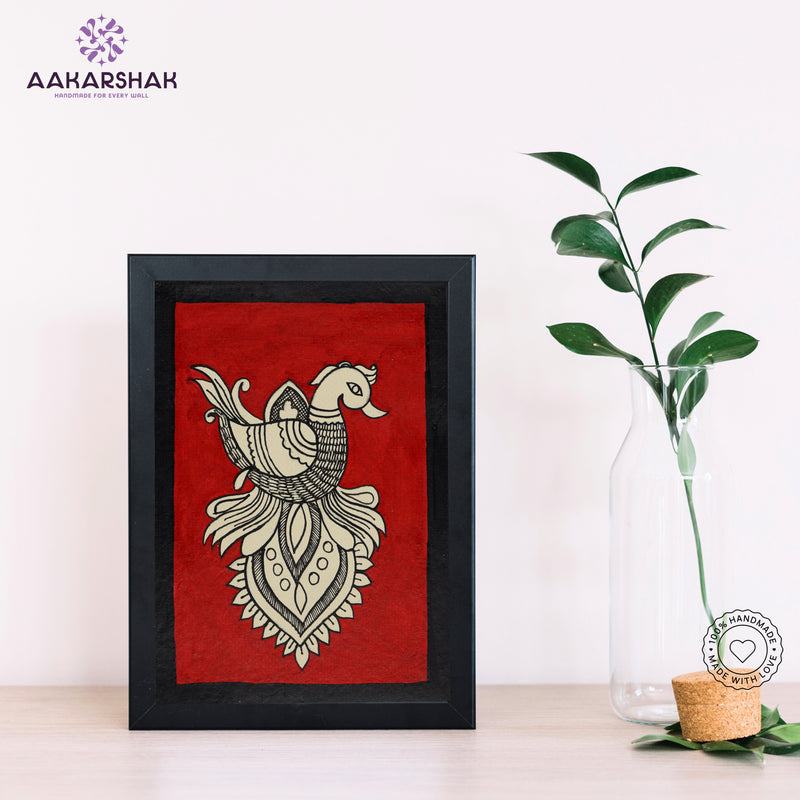 Handmade kalamkari peacock painting-with tabletop stand for home decor