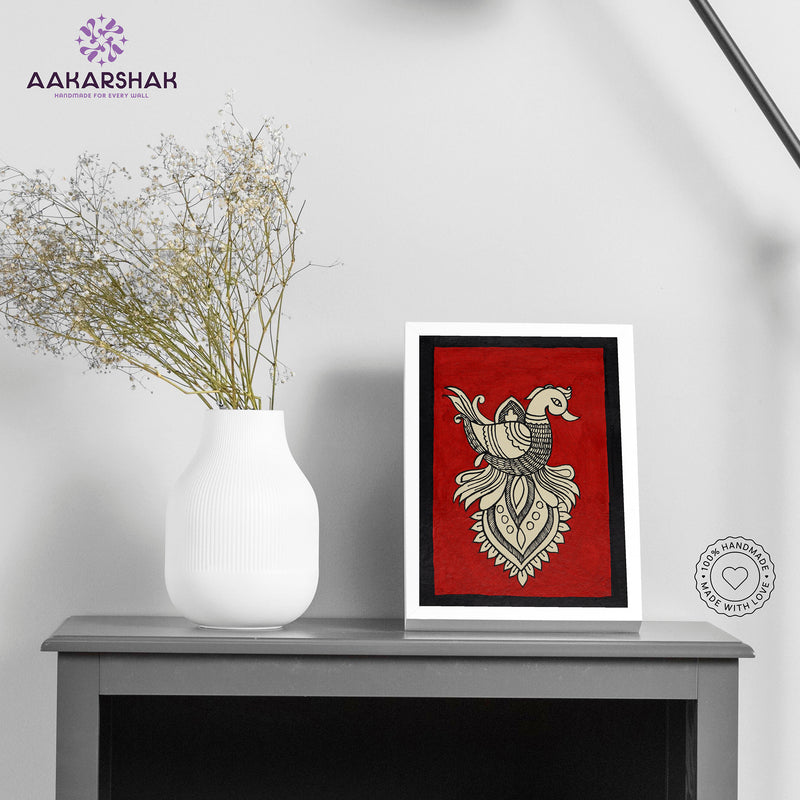 Handmade kalamkari peacock painting-with tabletop stand for home decor