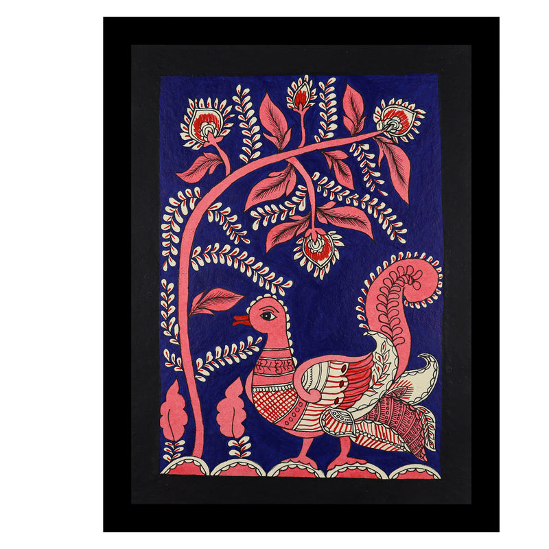 Framed artwork of a colorful peacock -with handmade kalamkari painting