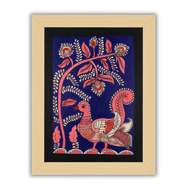 Framed artwork of a colorful peacock -with handmade kalamkari painting