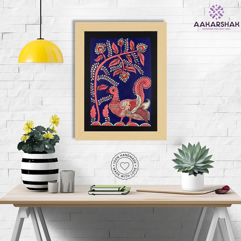 Framed artwork with peacock design on a dark blue background-handmade kalamkari painting for home decor