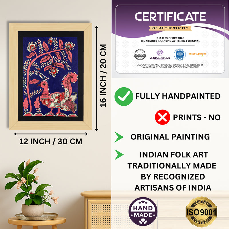 Framed artwork with dimensions, authenticity certificate and handmade iso certified-peacock kalamkari painting