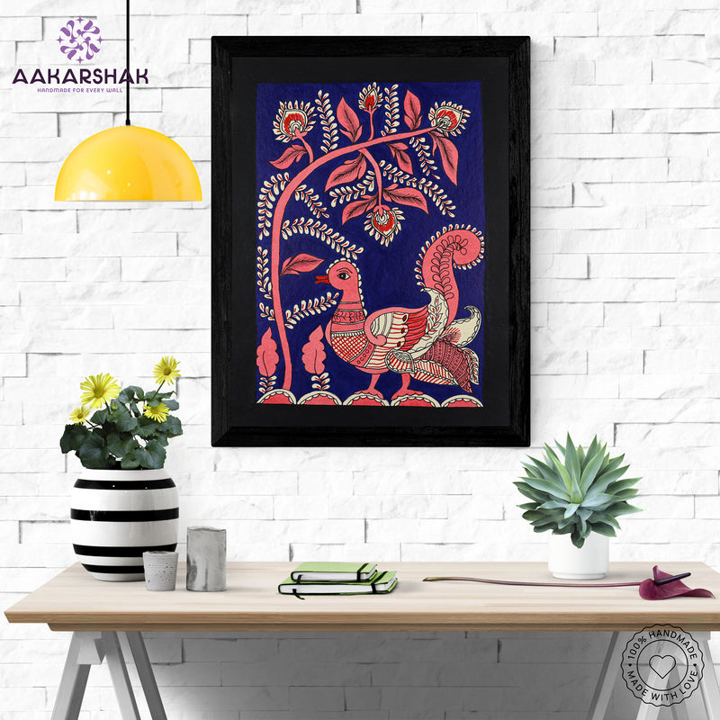 Framed artwork with peacock design on a dark blue background-handmade kalamkari painting for home decor