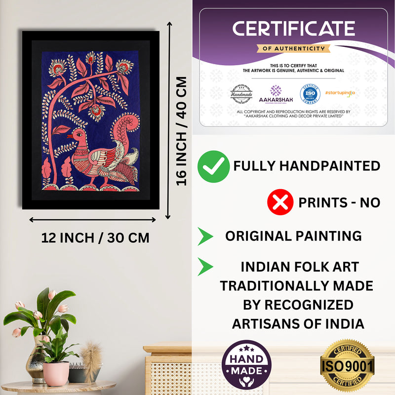 Framed artwork with dimensions, authenticity certificate and handmade iso certified-peacock kalamkari painting