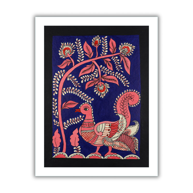 Framed artwork of a colorful peacock -with handmade kalamkari painting