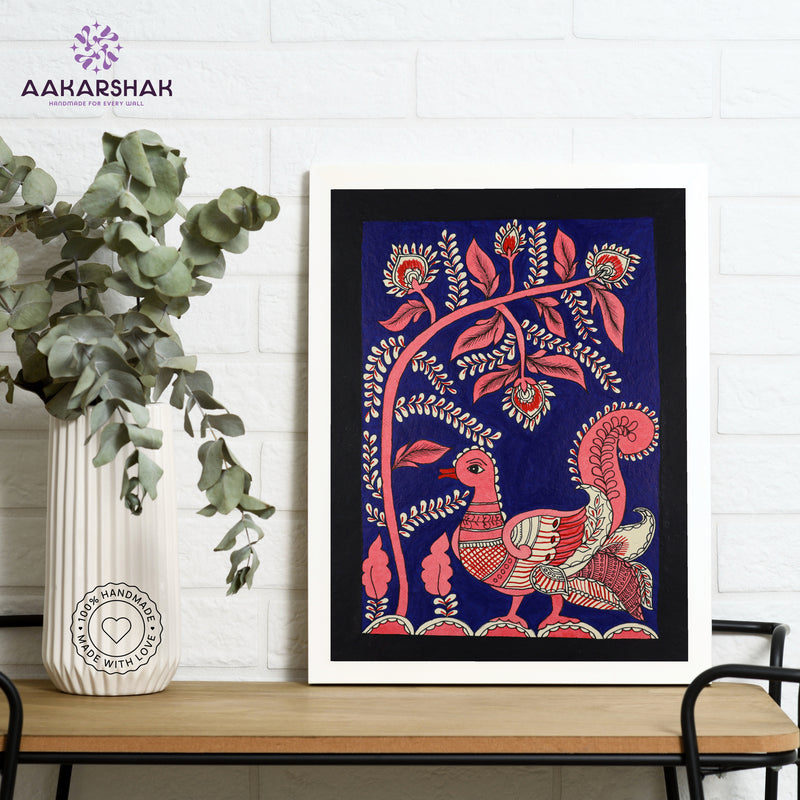 Framed artwork with peacock design on a dark blue background-handmade kalamkari painting for home decor