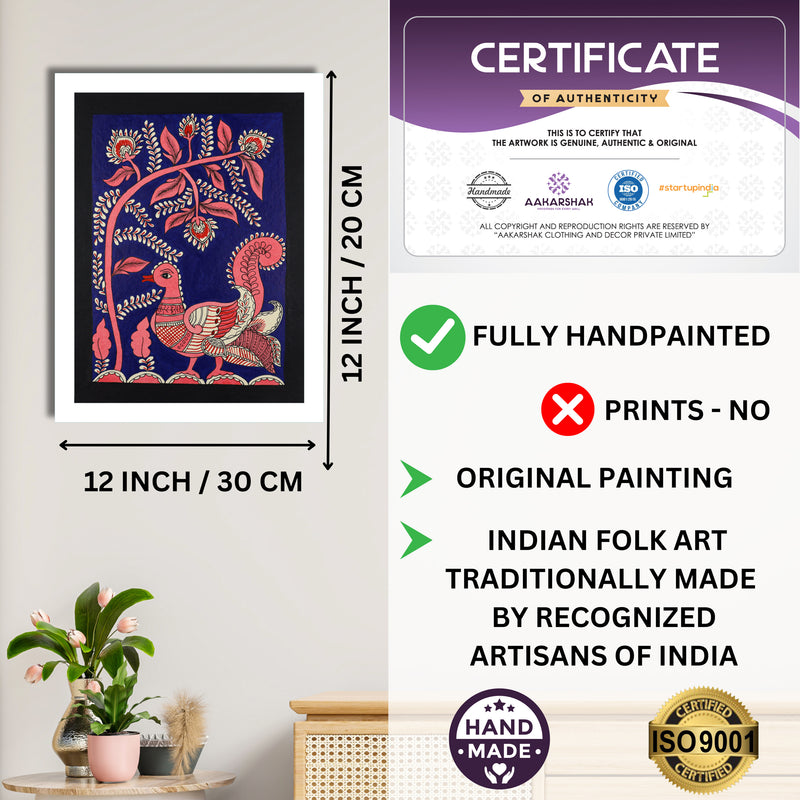 Framed artwork with dimensions, authenticity certificate and handmade iso certified-peacock kalamkari painting